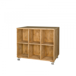 Double sided retail store display on wheels, 12 compartments, Solid Wood