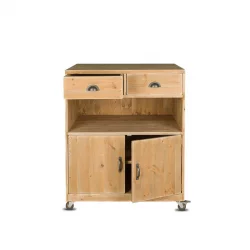 Wooden service trolley, 2 drawers 2 doors on wheels, Solid wood opened