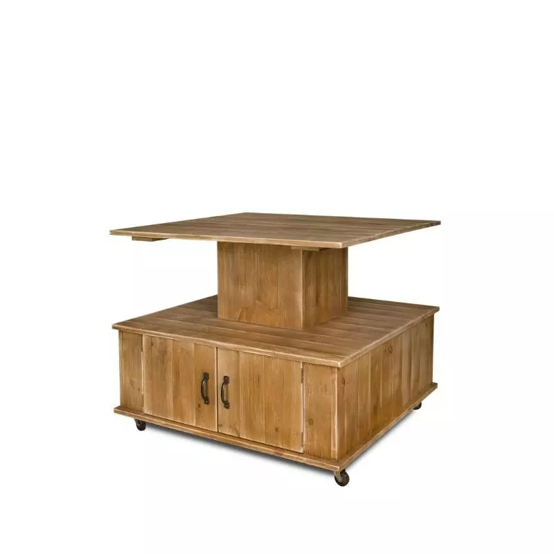 2-tier island display unit on wheels, front and back doors, solid wood