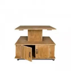 2-tier island display unit on wheels, front and back doors, solid wood opened