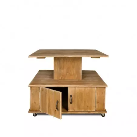 2-tier island display unit on wheels, front and back doors, solid wood opened