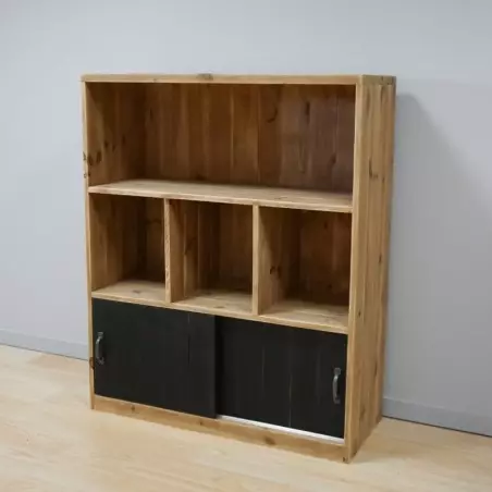 Shelving unit HATCH 4 compartments, Bois Vieilli and black, solid wood