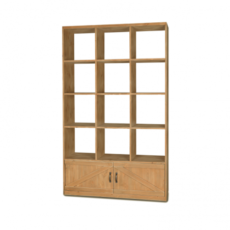 Open back 12-compartment shelf unit, 2 doors, solid wood