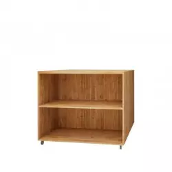 Double sided central display unit on wheels, 2 levels, solid Wood