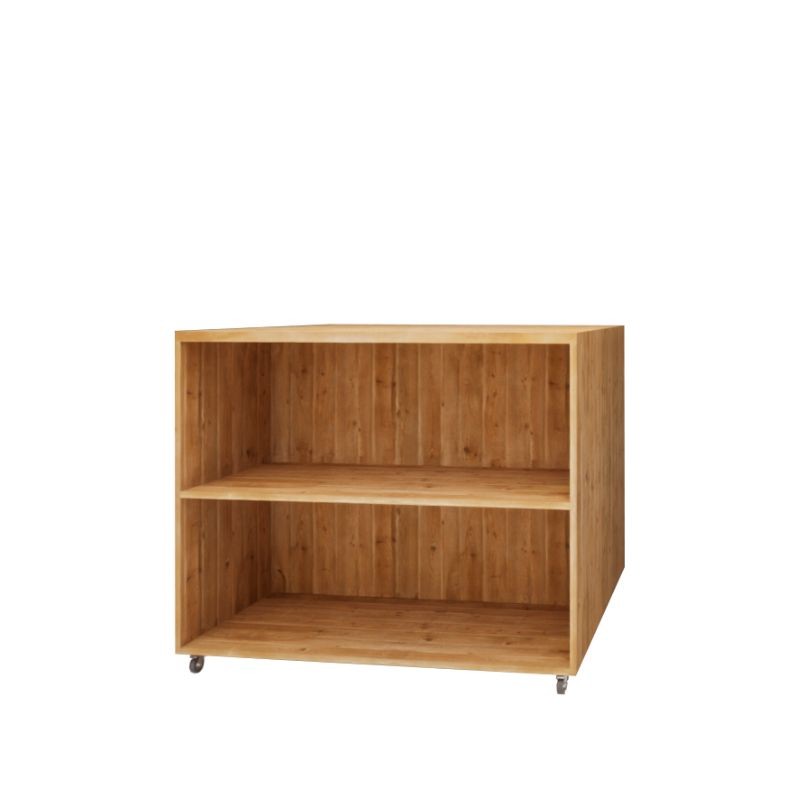 Double sided central display unit on wheels, 2 levels, solid Wood