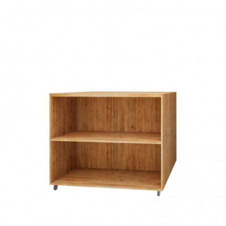 Double sided table display unit on wheels, Solid Wood