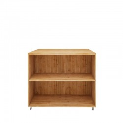 Double sided central display unit on wheels, 2 levels, solid Wood