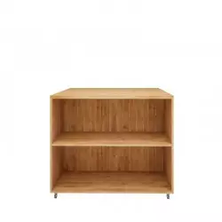 Double sided central display unit on wheels, 2 levels, solid Wood