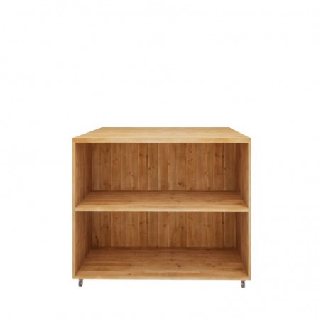 Double sided central display unit on wheels, 2 levels, solid Wood