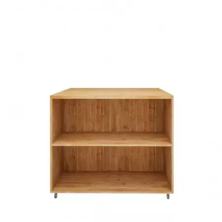 Double sided central display unit on wheels, 2 levels, solid Wood