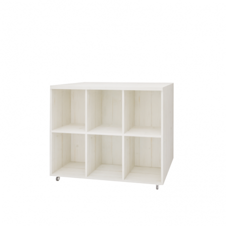 Double sided central display unit on wheels, solid wood | TRADIS