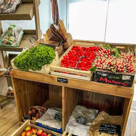 Présentoir primeur à roulettes, 2 cases, bois massif primeur