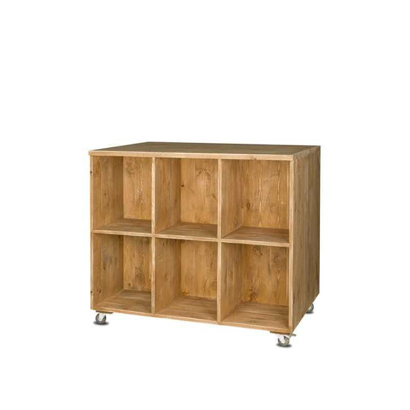 Double-sided central display unit on wheels, 12 compartments, solid wood